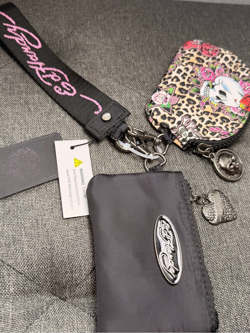 Ed Hardy Black and Pink Leopard Skull Wristlet Key & Card Holder
